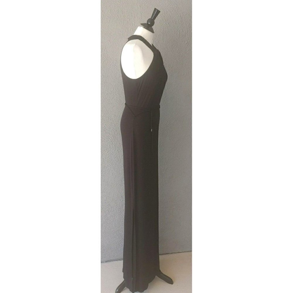 Tahari Pleated Halter Neck Sleeveless Black Jersey Maxi Dress Tie Waist Size M - Picture 4 of 6